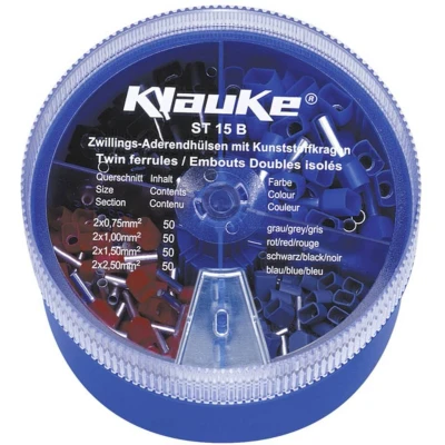 Afbeelding van Klauke ST15B Assortiment dubbele adereindhulzen 0.75 mm², 1 1.5 2.5 mm² Deels geïsoleerd Grijs, Rood, Zwart, Blauw 200 onderdelen