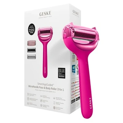 Afbeelding van GESKE SmartAppGuided™ MicroNeedle Face &amp; Body Roller 9 in 1 rozenkwarts Elektrische dermaroller Microneedling apparaat Schoonheidsroller voor gezicht en lichaam