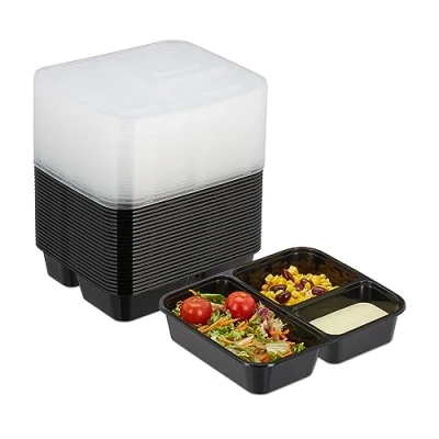 Afbeelding van Relaxdays Meal Prep 24 stuks dozen met 3 vakken, magnetronbestendig, herbruikbaar, kunststof, zwart