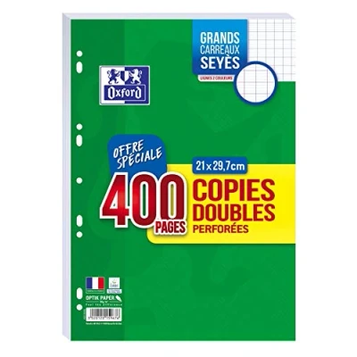 Image de OXFORD Lot de 400 Pages Copies Doubles Grands Carreaux Seyes Format A4 (21x29,7cm) Perforees
