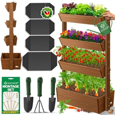 Afbeelding van KESSER® Verhoogd bed met verdiepingen Premium Plantenbak Trappenrek voor Bloemen Trap Plantage Moestuin Kruidenbed Potten Perk (5 Vloeren, Bruin)