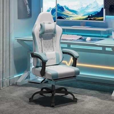 Afbeelding van WOLTU GS15bws Gamingstoel, draaistoel, ergonomische gamingstoel met pocketveringkussen, lendenkussen, voetensteun, netstof, wit/blauw