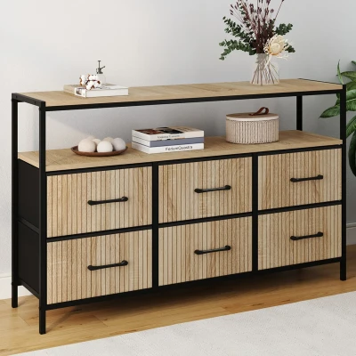 Image de Commode 6 tiroirs en tissu UTAH 115 CM avec niche effet lattes meuble de rangement design industriel IDMarket