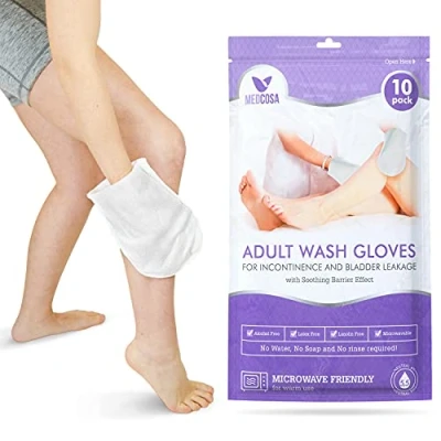 Afbeelding van Medcosa Adult Washgloves voor incontinentie Handschoenvormige unieke wegwerpdoekjes het lichaam Ongeparfumeerde, vochtige doekjes met barrièrecrème 1 verpakking (10 handschoenen) 10 stuks (verpakking van 1)