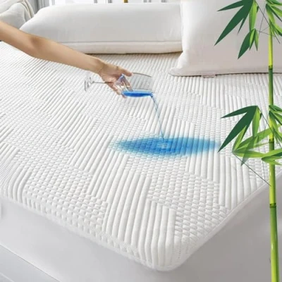Afbeelding van matrasbeschermer voor twijfelaar van bamboevezel, waterdicht, 140 x 200 cm, gewatteerde met elastiek tot 30 cm diep, ademende matrashoes en Oeko Tex