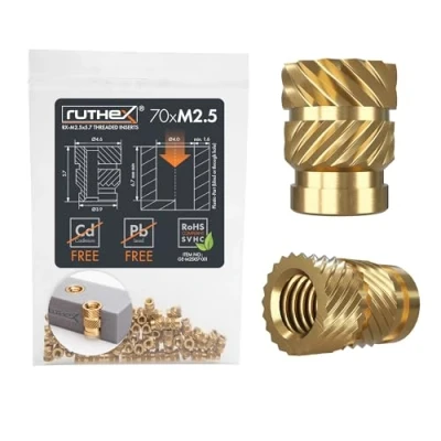 Afbeelding van ruthex M2,5 schroefdraadinzetstuk 70 stuks RX x 5,7 messing stabiele moer voor kunststof onderdelen warmte of ultrasoon inzetbaar in 3D printonderdelen van