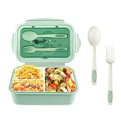 Afbeelding van Relota lunchbox met 3 vakken en lepel, vork, 1400 ml, bento waterdicht, BPA vrij, voor magnetron vaatwasser, volwassenen, kinderen, schoolwerk, groen