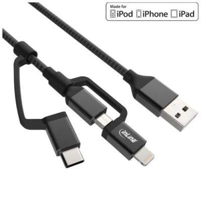 Image de Câble USB InLine® 3 en 1, AM vers Micro + Type C Lightning, noir / aluminium, 1,5 m