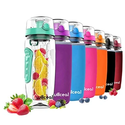 Afbeelding van willceal Waterfles met fruitinzetstuk, 0,95 l, gemaakt van Tritan, BPA vrij, klapdeksel, lekvrij, geschikt voor sport en camping, mintgroen