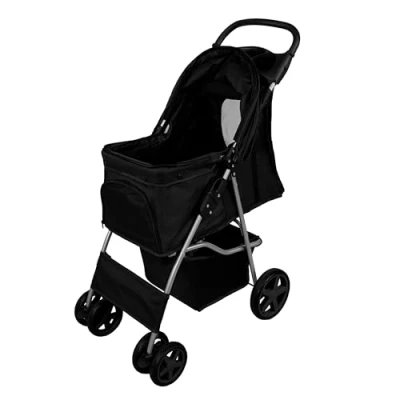 Afbeelding van Monster Shop Zwart Hondenbuggy Opvouwbaar Beschermende Regenhoes 15kg Draagvermogen Veiligheidssnaphaak Mand &amp; Bekerhouders