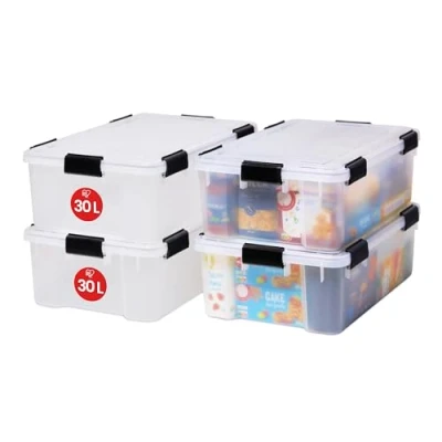 Afbeelding van Iris Ohyama, Luchtdichte opbergdoos, 30 l, 4 stuks, transparant, deksel met waterdichte afdichting, 6 sluitclips, stapelbaar, voor buiten, garage, kleding, stofdicht, BPA vrij, AT LS