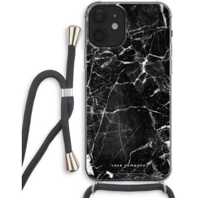 Afbeelding van Case Company® hoesje met Koord geschikt voor iPhone 12 Zwart Marmer Telefoonhoesje Extra Bescherming aan alle Kanten en Over de Schermrand