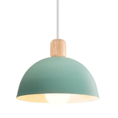 Afbeelding van iDEGU Retro hanglampen, modern, halfrond, plafondlamp, E27, hout, metaal, hanglamp, voor slaapkamer, eetkamer of keuken, diameter 20 cm, 1 stuk, groen