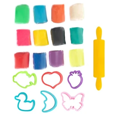 Afbeelding van GenioKids Biologische boetseerkleiset, eetbaar voor baby&#039;s, 12 delig, 0,65 kg, met 7 accessoires, zelfhardende klei, kinderen, terug naar school