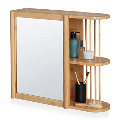 Afbeelding van Relaxdays wandrek met spiegel hangend badkamerrek bamboe spiegelkast planken wc