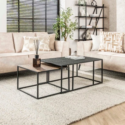 Afbeelding van Miranda salontafel set van 2 rechthoek iron metallic grijs