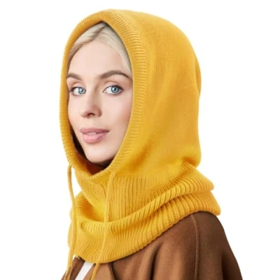 Afbeelding van DRESHOW Winterhoeden voor dames, balaclava gebreide beanie schedel pet met trekkoord hoed sjaal capuchon, 1 x capuchonhoed: geel