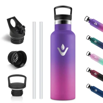 Afbeelding van Vikastar Roestvrijstalen thermosfles, 500 ml, BPA vrij, met rietje voor school, sport, fietsen, kamperen, donkerpaars en roze