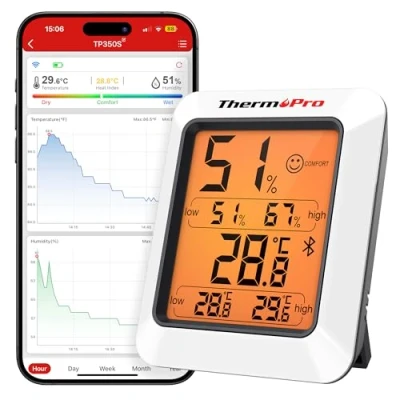Afbeelding van ThermoPro TP350 Bluetooth hygrometer thermometer 80 m binnentemperatuur en luchtvochtigheid met app data export voor binnen, kantoor, wijnkelder, kas