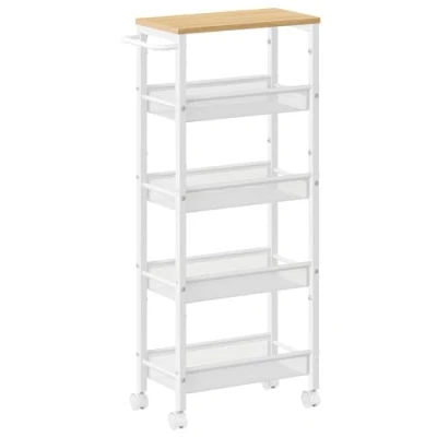 Afbeelding van VASAGLE Desserte 5 niveaus, dun keukenrek met wieltjes, stalen frame, handgreep, kleine ruimte, badkamer, woonkamer, kantoor, beige eiken en wit, LRC035W09