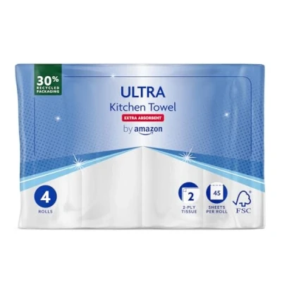 Image de by Amazon Ultra Essuie tout de cuisine, extra absorbant, 4 rouleaux (lot 1), 45 feuilles par rouleau, essorer et réutiliser, certifié FSC