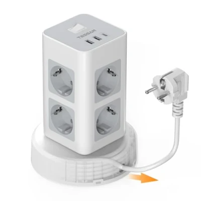 Afbeelding van TESSAN stekkerdoos met USB C, meervoudige 8 stopcontacten verlengkabel, verlenging van 2 m, verdeeltoren voor thuis