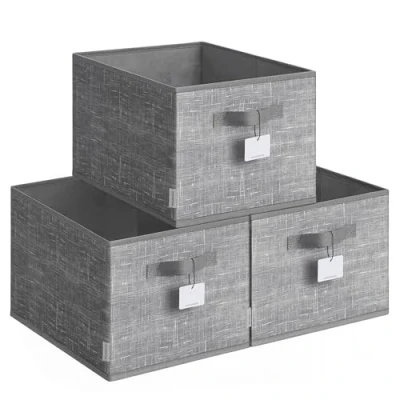 Afbeelding van SONGMICS Opvouwbare opbergdozen, 3 stuks, opbergmanden van stof, 40 x 30 24 cm, organizer, 2 handgrepen, etikettenhouder, voor slaapkamer, woonkamer, grijs ROB440G01