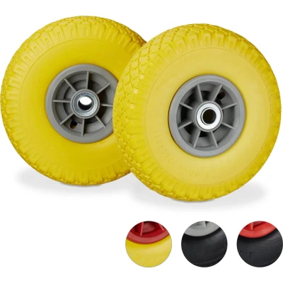 Afbeelding van Relaxdays steekwagenwiel 2 stuks 3.00 4 rubberband kogellager 80 kg 20 mm as Geel grijs