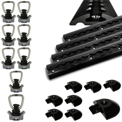 Afbeelding van 4 x 1,5 m halfronde zwarte robuuste vliegtuigrail met 8 sjorogen en eindkappen, aluminium sjorrail, hoge stabiliteit duurzaamheid, voor aanhanger, auto, vrachtwagen, camper,
