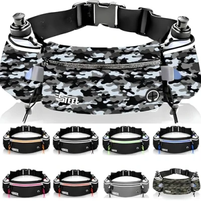 Afbeelding van Hardloopriem, sportheuptas met zachte drinkfles, flessenhouder, waterdicht, voor heren en dames, smartphone, iPhone, Samsung Galaxy, comfortabel joggen, Militair (zwart wit), hardloopriem