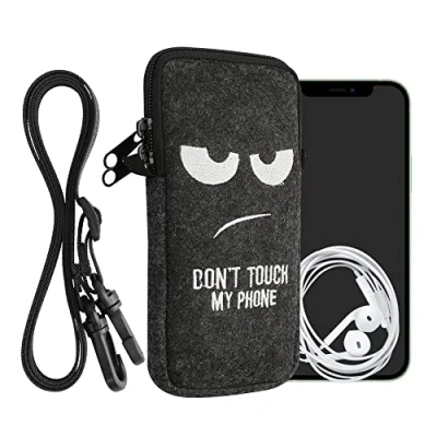 Afbeelding van kwmobile Tasje voor smartphones XL 6,7/6,8&quot; Hoesje van vilt in wit / donkergrijs Phone case met nekkoord Don&#039;t Touch My design