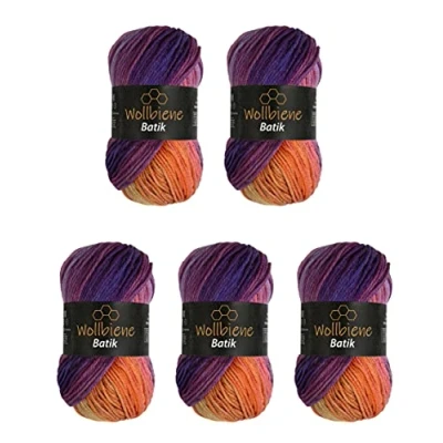 Afbeelding van Wollbiene Batik Set van 5 bollen breiwol 100 g 500 Met kleurverloop Multicolour 5600 Violet Bessenoranje)