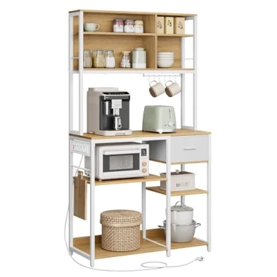 Afbeelding van VASAGLE Keukenrek met stekkerdoos, koffiebar verstelbare planken, lade van stof, 12 haken, 40 x 100 180,4 cm, magnetronstandaard, goud eiken en wolkenwit KKS027Y02