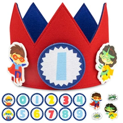 Afbeelding van BONNYCO Verjaardagskrans superhelden verwisselbare cijfers van 0 tot 9 en themafiguren verjaardag 1 jaar jongens, cadeau voor meisjes, decoratie verjaardag, superheld, verjaardagshoed