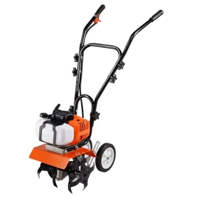 Afbeelding van VEVOR Thermische motorhak met benzinemotor, 43 cc, 2 takt, 4 verstelbare voortanden, van staal, grote wielen, eenvoudige installatie, bodemcultivator voor moestuin, bloembak, grondbewerking,