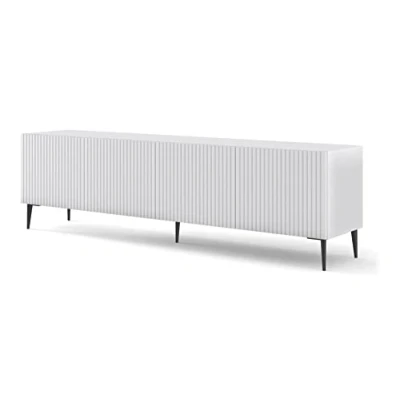 Afbeelding van BIM Furniture Ravenna B 4D Laag TV meubel, 200 cm, gefreesde en versierde MDF fronten op zwarte metalen poten kast HiFi dressoir (mat wit)
