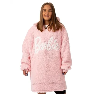 Afbeelding van Barbie Draagbare deken voor dames, fleece hoodie met klassiek geborduurd logo dames in roze, comfortabele en zware modieuze hoodie, cadeau haar, eenheidsmaat, Roze