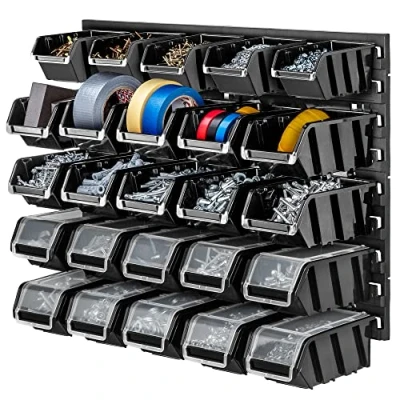Afbeelding van KADAX Werkplaatswandrek, 58 x 39 cm, robuuste kunststof, UV bestendig opbergsysteem, uitbreidbare wandplaten, werkplaatsrek, garage, zwart, 25 stuks