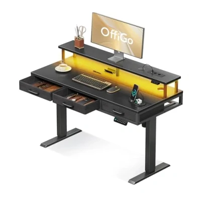 Afbeelding van OffiGo Elektrisch bureau met laden, in hoogte verstelbaar van 120 cm, monitorstandaard, stopcontact en lichtbalk, verstelbare bureautafel, zwart