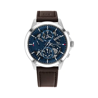 Afbeelding van Tommy Hilfiger Multifunctioneel analoog kwartshorloge voor heren met donkerbruine leren band 1710476, Blauw, Riem
