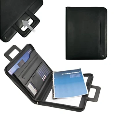 Afbeelding van DESQ® Schrijfmap met uitschuifbare handvatten Uitneembare ringband A4 incl. schrijfblok 20 vel Hoogwaardig kunstleer zwart
