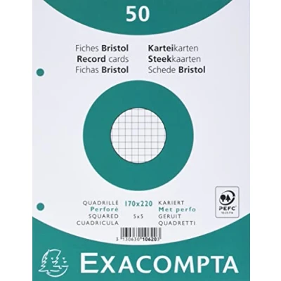 Afbeelding van Exacompta 50 stuks indexkaarten, geruit, 5 x 5, geperforeerd, in folie geschikt voor inkjet , laser en kopieerapparaten formaat 170 220 mm wit