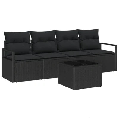 Afbeelding van vidaXL 5 delige Tuin Sofa Set met Kussens Zwart Poly Rattan, 2 Zits Opslag &amp; Rattan