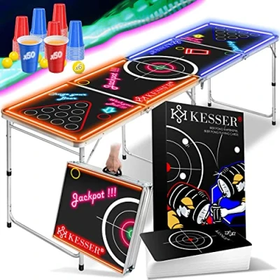 Afbeelding van KESSER® Beer Pong Set de Table avec jeu cartes à boire LED 100 gobelets (50 rouges et 50 bleus), 6 balles + règles Jeux fête réglable en hauteur pliable classique