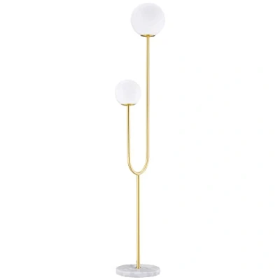 Afbeelding van HOMCOM staande lamp metaal woonkamer goud met 2 koppen lampenkappen wereldbol wit mat glas 25W 33 x 25 155,5 cm