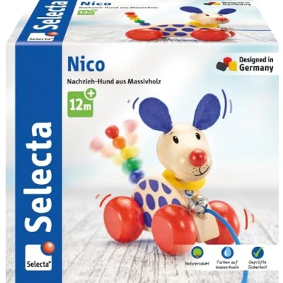 Afbeelding van Selecta Spielzeug Trekfiguur Hond Nico 12 Cm Hout Naturel/blauw