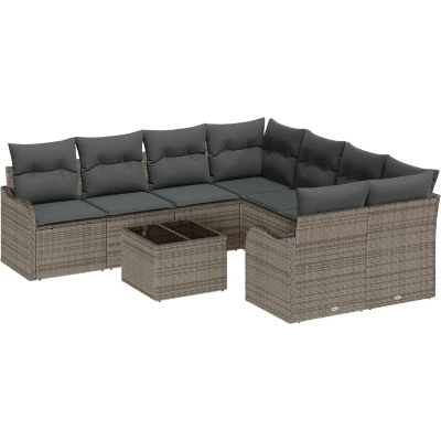 Afbeelding van vidaXL 9 delige Tuin Sofa Set met Kussens Grijs Poly Rattan