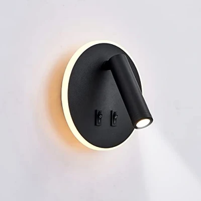 Afbeelding van uksunvi led wandlamp, leeslamp voor nachtkastje, 12 W, draaibare spot, 3 W + 9 3000 K, warm licht (zwart, ronde vorm)