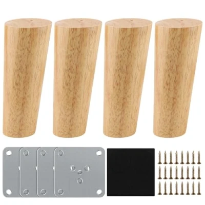 Afbeelding van Set van 4 houten tafelpoten, 12 cm, vervangende meubelpoten massief hout, conisch, eiken, met montageplaten en schroeven, voor bank, bed, kast, bank