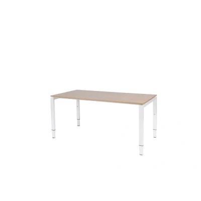 Afbeelding van Domino bureau, hoogte instelbaar (62 85cm) met 160x80cm &#039;zwevend&#039; havana/ kersen licht 25mm blad en wit (RAL9010) N poot frame.